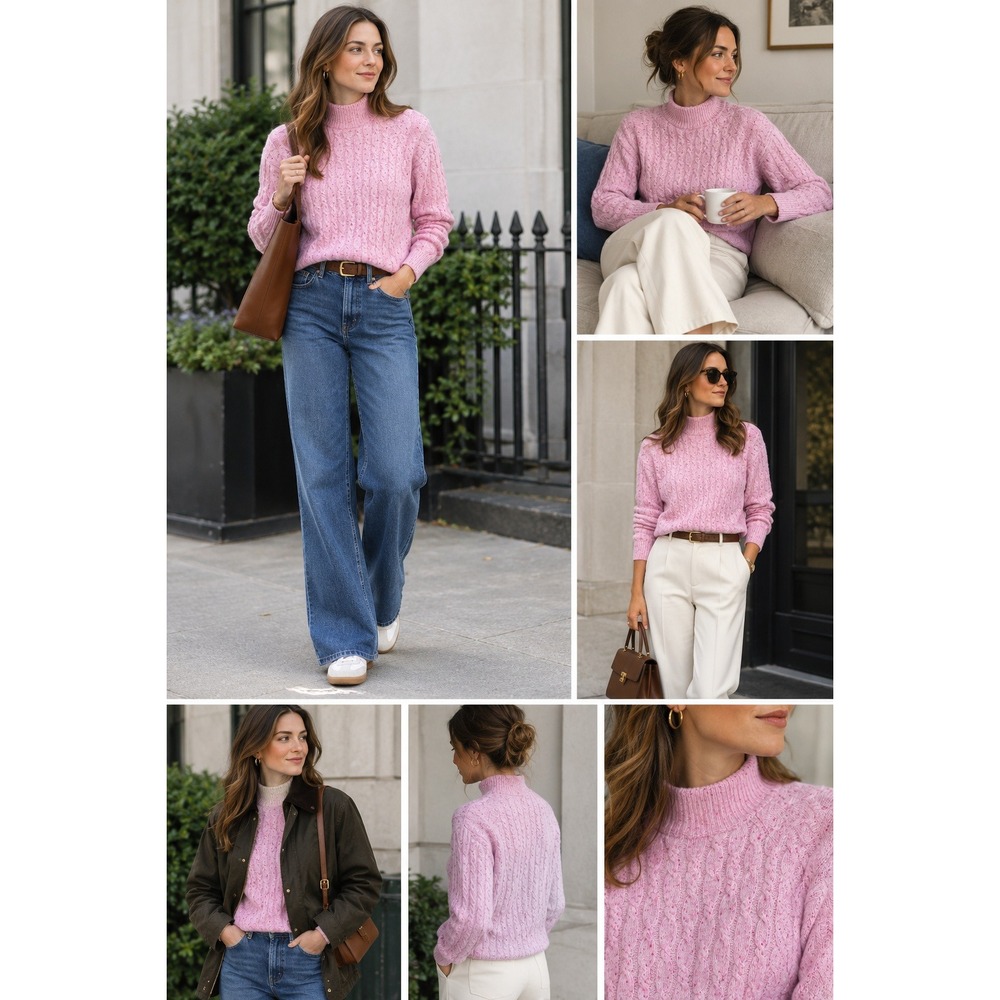New J.Crew 100% Cashmere Sweater Womens S Pink Speckled Cable Knit Mock Neck